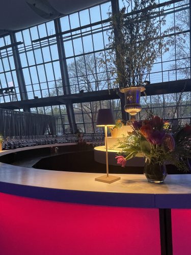Moderne Bar mit geschwungener Theke, roter Beleuchtung, einer kleinen Lampe und Blumenvase vor großen Fenstern bei Dämmerung.