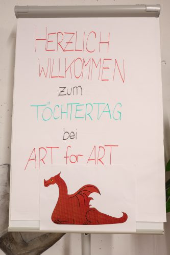 Flipchart mit der Aufschrift: "Herzlich Willkommen zum Töchtertag bei ART for ART" und einer Zeichnung eines roten Drachens darunter.