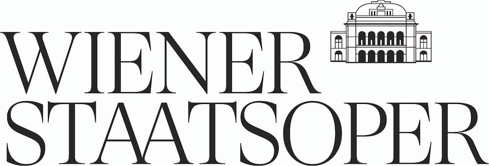 Schriftzug „Wiener Staatsoper“ mit einer stilisierten Illustration des Operngebäudes oben rechts.